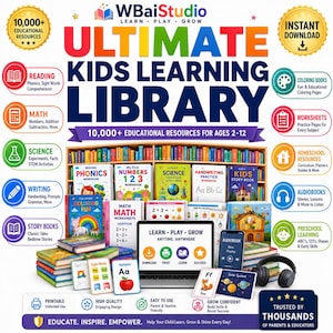 May include: A digital educational resource bundle titled Ultimate Kids Learning Library featuring 10,000+ resources for ages 2-12. The image displays various workbooks, flashcards, a laptop, and headphones, surrounded by icons for reading, math, and science.