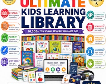 Könnte beinhalten: Ein digitales Bildungsressourcen-Paket mit dem Titel Ultimate Kids Learning Library mit über 10.000 Ressourcen für Kinder von 2 bis 12 Jahren. Das Bild zeigt verschiedene Arbeitshefte, Lernkarten, einen Laptop und Kopfhörer.