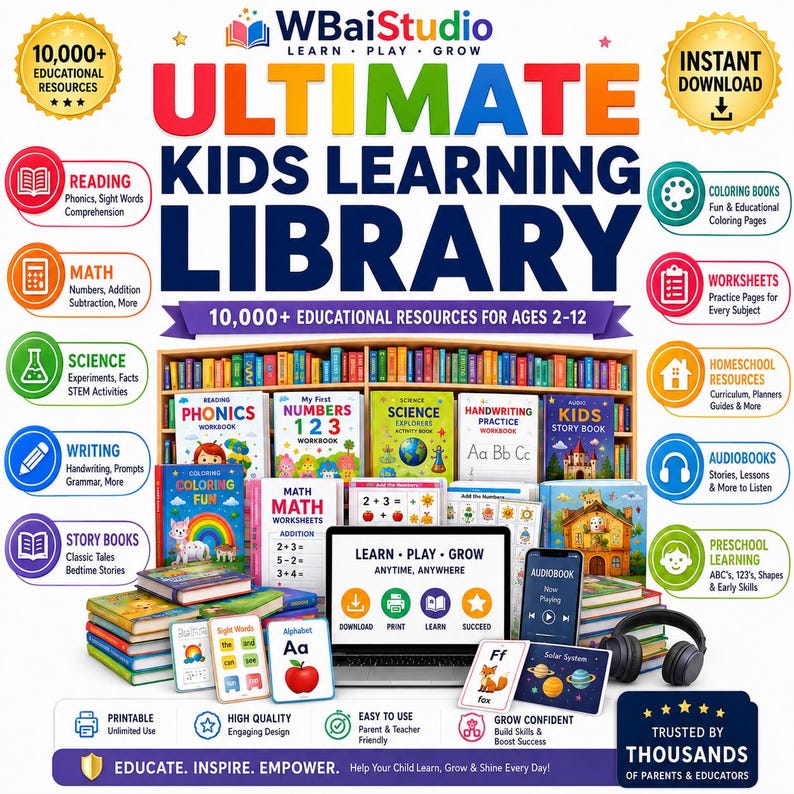 May include: A digital educational resource bundle titled Ultimate Kids Learning Library featuring 10,000+ resources for ages 2-12. The image displays various workbooks, flashcards, a laptop, and headphones, surrounded by icons for reading, math, and science.