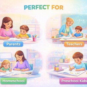 K&ouml;nnte beinhalten: Eine farbenfrohe Illustration mit dem Text &bdquo;PERFECT FOR&ldquo; oben. Das Bild zeigt Szenen von Eltern, Lehrern und Kindern, die sich mit Lernaktivit&auml;ten wie Schreiben und Lernen besch&auml;ftigen. Die Szenen sind mit &bdquo;Eltern&ldquo;, &bdquo;Lehrer&ldquo;, &bdquo;Homeschooling&ldquo; und &bdquo;Vorschulkinder&ldquo; beschriftet.