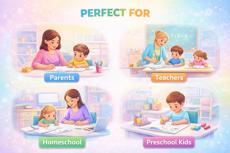 K&ouml;nnte beinhalten: Eine farbenfrohe Illustration mit dem Text &bdquo;PERFECT FOR&ldquo; oben. Das Bild zeigt Szenen von Eltern, Lehrern und Kindern, die sich mit Lernaktivit&auml;ten wie Schreiben und Lernen besch&auml;ftigen. Die Szenen sind mit &bdquo;Eltern&ldquo;, &bdquo;Lehrer&ldquo;, &bdquo;Homeschooling&ldquo; und &bdquo;Vorschulkinder&ldquo; beschriftet.