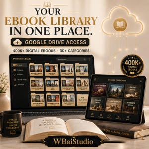 May include: A digital ebook library display featuring a laptop and tablet showing categorized folders, an open book with the text A WORLD OF BOOKS, IN YOUR HANDS, a black mug with gold text, and a cloud icon with the text YOUR EBOOK LIBRARY IN ONE PLACE.