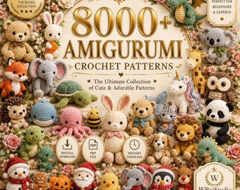 Puede incluir: Una colección digital de más de 8000 patrones de ganchillo amigurumi con varios animales tejidos como osos, conejos, elefantes y figuras festivas. La imagen incluye etiquetas de texto como 8000+ AMIGURUMI CROCHET PATTERNS y WBaiStudio, rodeadas de flores.