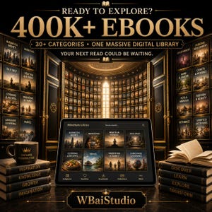 May include: A digital tablet displaying the WBaiStudio Library interface sits before a vast library background. Stacks of books labeled Inspiration, Knowledge, Growth, Imagination, Discover, Learn, Explore, Transform and a mug are present.