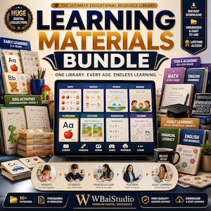 May include: A digital learning materials bundle featuring a laptop screen displaying educational categories like math, science, and reading. The collection includes various printable worksheets, flashcards, and study guides for all ages, labeled with the text Learning Materials Bundle and WBaiStudio Premium Digital Resources.