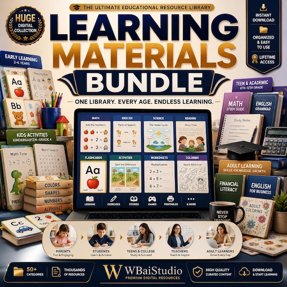 Learning Materials Bundle | Kids & Adult Educational Resources | Homeschool Worksheets | Coloring Pages | ESL | English | Study Materials