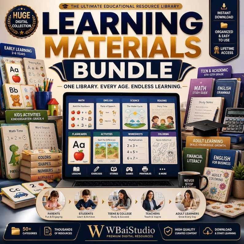 K&ouml;nnte beinhalten: Ein digitales Lernmaterial-Paket mit einem Laptop-Bildschirm, der Bildungskategorien wie Mathe, Wissenschaft und Lesen anzeigt. Die Sammlung enth&auml;lt verschiedene Arbeitsbl&auml;tter, Lernkarten und Studienf&uuml;hrer, beschriftet mit dem Text Learning Materials Bundle und WBaiStudio Premium Digital Resources.