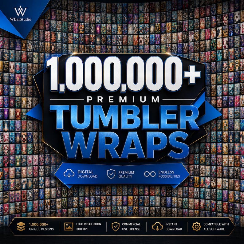 Op de afbeelding: Een digitale collectie van 1.000.000+ premium tumbler wraps met een breed scala aan kleurrijke patronen. De afbeelding bevat de tekst 1,000,000+ PREMIUM TUMBLER WRAPS, DIGITAL DOWNLOAD, PREMIUM QUALITY, ENDLESS POSSIBILITIES en technische specificaties.