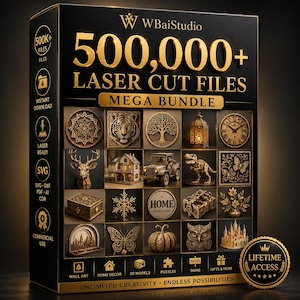 Pode incluir: Uma caixa preta com texto dourado lendo 500,000+ LASER CUT FILES MEGA BUNDLE. O design exibe uma grade de vários projetos de madeira cortados a laser, incluindo animais, edifícios, relógios e itens decorativos, com ícones para formatos SVG, DXF e PDF.