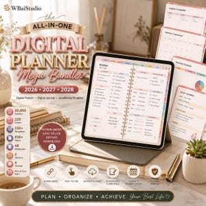 Puede incluir: Un paquete de planificador digital mostrado en la pantalla de una tableta, que incluye un horario diario, planificador semanal, resumen mensual, rastreador de finanzas y p&aacute;ginas de diario con pesta&ntilde;as y casillas de verificaci&oacute;n.