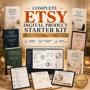 May include: A digital product starter kit featuring multiple guidebooks titled Digital Product Ideas, Create With Confidence, Promote With Purpose, Set Up Your Online Shop, List It Like A Pro, and Bonus Templates & Resources, plus a laptop and planner.