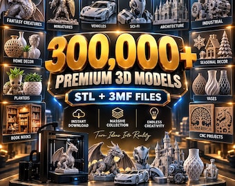 May include: A digital advertisement for 300,000+ premium 3D models in STL and 3MF file formats from WBaiStudio. The graphic displays various categories including fantasy creatures, vehicles, architecture, and home decor, with a 3D printer in the foreground.
