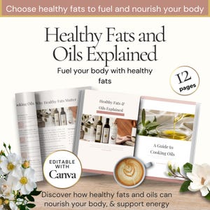 Op de afbeelding: Een digitale gids getiteld Healthy Fats and Oils Explained, met 12 pagina's over bakoliën. Het document bevat tekst, afbeeldingen van olieflessen en een kopje koffie, met een badge die aangeeft dat het bewerkbaar is met Canva.