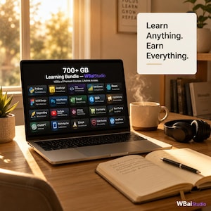 May include: A laptop screen displays a 700+ GB learning bundle from WBaiStudio with icons for Python, JavaScript, React, and other courses. Next to the laptop are a steaming mug, headphones, and an open notebook with a pen on a wooden desk.