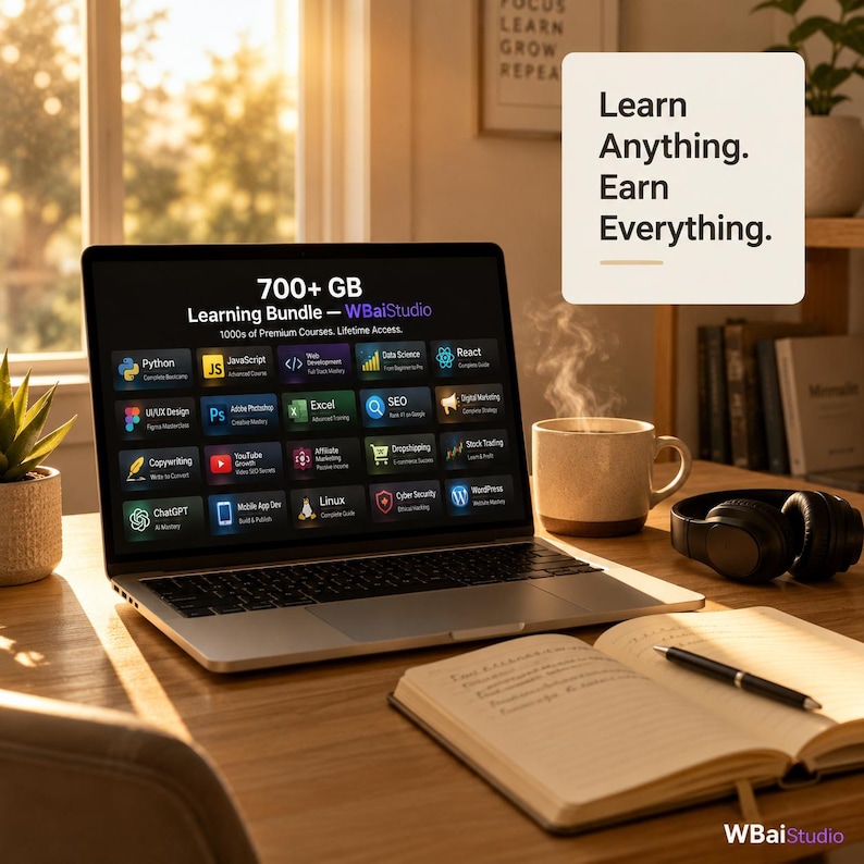May include: A laptop screen displays a 700+ GB learning bundle from WBaiStudio with icons for Python, JavaScript, React, and other courses. Next to the laptop are a steaming mug, headphones, and an open notebook with a pen on a wooden desk.