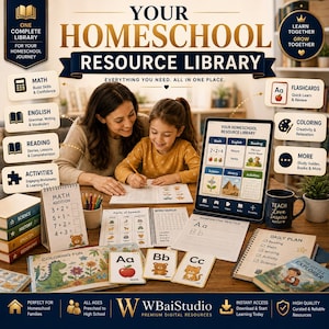 K&ouml;nnte beinhalten: Eine digitale und physische Homeschool-Ressourcenbibliothek mit einem Tablet, das Lernmodule anzeigt, sowie Additionskarten, Handschriftheften, Alphabet-Lernkarten, Malb&uuml;chern und einem Tagesplaner f&uuml;r eine umfassende schulische Bildung.