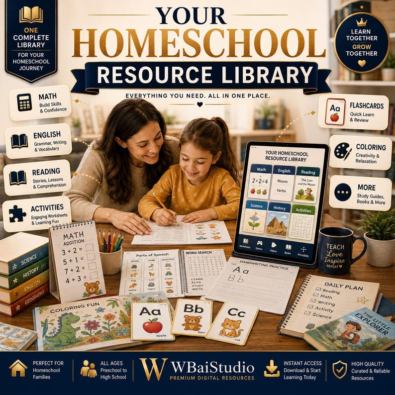 K&ouml;nnte beinhalten: Eine digitale und physische Homeschool-Ressourcenbibliothek mit einem Tablet, das Lernmodule anzeigt, sowie Additionskarten, Handschriftheften, Alphabet-Lernkarten, Malb&uuml;chern und einem Tagesplaner f&uuml;r eine umfassende schulische Bildung.
