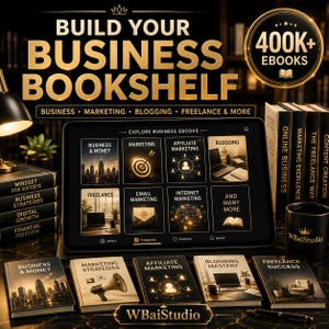 May include: A digital tablet displaying a business ebook library interface with categories like Marketing and Freelance, surrounded by physical books and a mug labeled WBaiStudio. The text reads Build Your Business Bookshelf and 400K+ Ebooks.