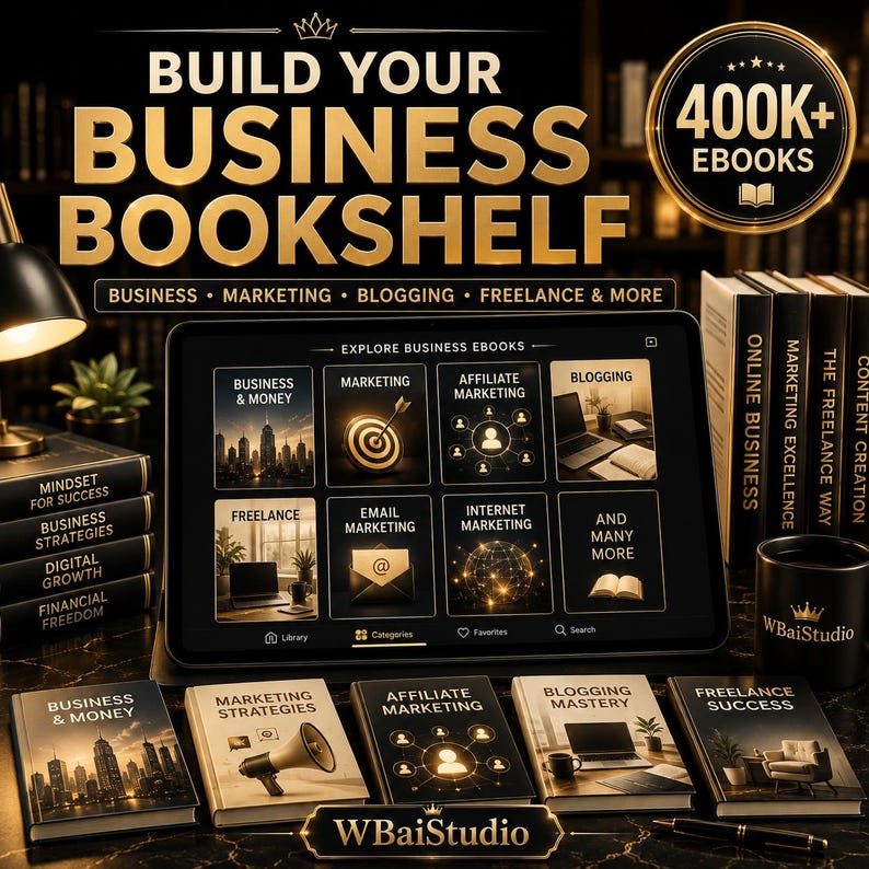 May include: A digital tablet displaying a business ebook library interface with categories like Marketing and Freelance, surrounded by physical books and a mug labeled WBaiStudio. The text reads Build Your Business Bookshelf and 400K+ Ebooks.