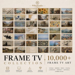 Op de afbeelding: Een digitale collectie van 10.000+ Frame TV-kunstwerken van WBaiStudio, met een raster van diverse landschaps-, bloemen- en abstracte schilderijen. De tekst luidt FRAME TV COLLECTION 10,000+ FRAME TV ART, met iconen voor kwaliteit en formaat.