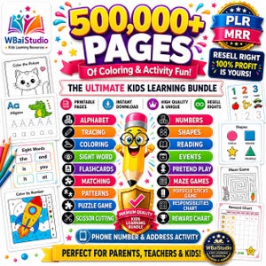 Peut inclure: Un graphique promotionnel numérique pour un ensemble d'apprentissage pour enfants comprenant plus de 500 000 pages de coloriage et d'activités. Le design inclut un crayon personnage central, diverses icônes éducatives et des listes d'activités.