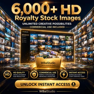 Può includere: Un display digitale che presenta oltre 6.000 immagini stock in alta definizione con una cartella centrale etichettata WBaiStudio Your Creative Vault. L'interfaccia mostra varie foto di paesaggi e lifestyle, con pulsanti dorati per qualità HD, uso commerciale e accesso immediato.