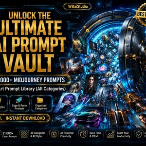 Op de afbeelding: Een digitale afbeelding die een AI-promptbibliotheek promoot. De afbeelding toont de tekst "UNLOCK THE ULTIMATE AI PROMPT VAULT" in gouden letters. Het bevat de tekst "21.000+ MIDJOURNEY PROMPTS" en "AI Art Prompt Library (All Categories)". Er worden ook verschillende AI-gegenereerde kunstvoorbeelden getoond.