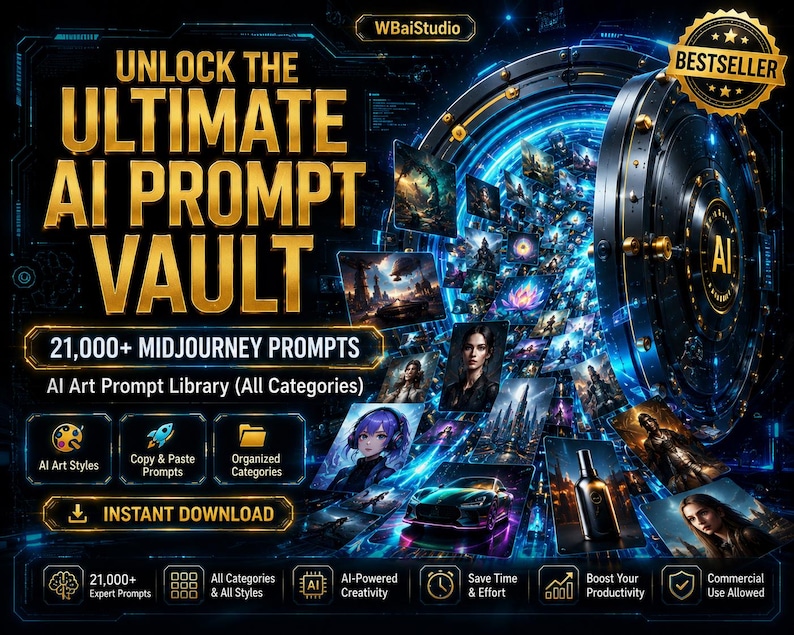 Op de afbeelding: Een digitale afbeelding die een AI-promptbibliotheek promoot. De afbeelding toont de tekst "UNLOCK THE ULTIMATE AI PROMPT VAULT" in gouden letters. Het bevat de tekst "21.000+ MIDJOURNEY PROMPTS" en "AI Art Prompt Library (All Categories)". Er worden ook verschillende AI-gegenereerde kunstvoorbeelden getoond.