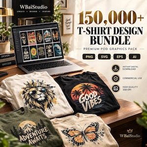 Puede incluir: Un portátil que muestra un catálogo digital de diseños gráficos junto a cuatro camisetas con ilustraciones de un león con corona, un atardecer, un paisaje montañoso y una mariposa, con el texto 150,000+ T-SHIRT DESIGN BUNDLE.