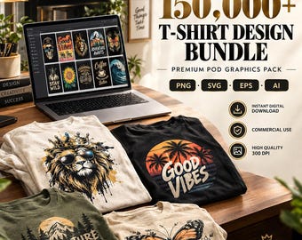 150,000+ Editable T-Shirt Graphics Bundle | SVG PNG Eps Ai Psd Files | PoD Design Pack | Commercial Use | Cricut, Sublimation & DTF Ready