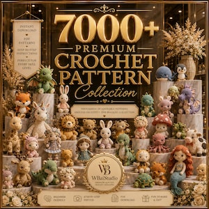 May include: A digital collection of 7000+ premium crochet patterns featuring numerous amigurumi figures including dragons, bunnies, a giraffe, a fox, a mermaid, and various animals displayed on marble pedestals with gold text overlays.
