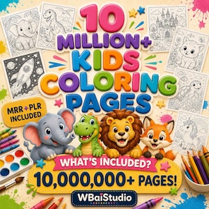 Può includere: Una collezione digitale di oltre 10 milioni di pagine da colorare per bambini con illustrazioni in bianco e nero di elefante, dinosauro, castello, gatto, razzo, tartaruga e unicorno. Include set di colori, matite e il testo WBaiStudio.