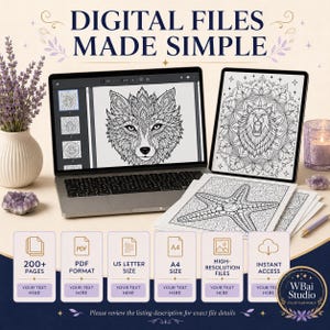 May include: A laptop and tablet displaying intricate black and white line art coloring pages of a wolf, a lion, and a starfish. The text reads DIGITAL FILES MADE SIMPLE. Six rectangular icons detail 200+ pages, PDF format, US letter size, A4 size, high-resolution files, and instant access. A logo for WBai Studio is in the corner.