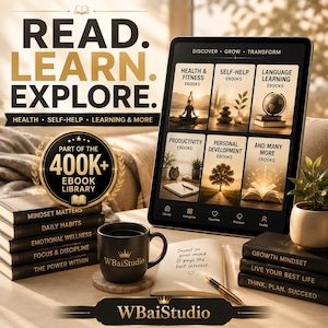 May include: A digital tablet displaying an ebook library interface with categories like Health & Fitness and Productivity. Beside it are stacks of black books, a black mug with the text WBaiStudio, and an open notebook with a pen and inspirational text.