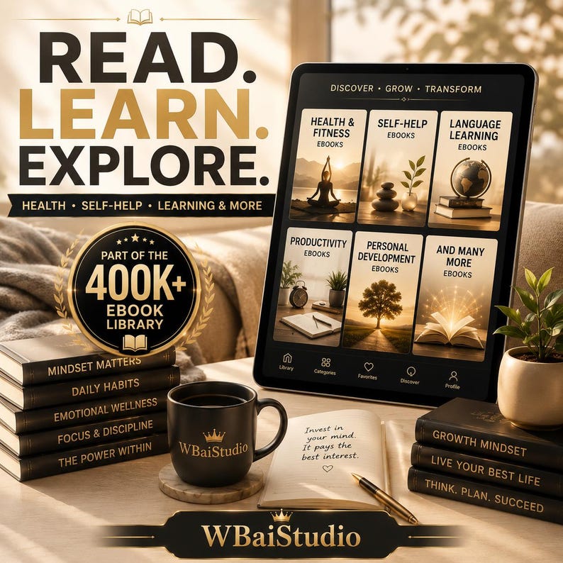 May include: A digital tablet displaying an ebook library interface with categories like Health & Fitness and Productivity. Beside it are stacks of black books, a black mug with the text WBaiStudio, and an open notebook with a pen and inspirational text.
