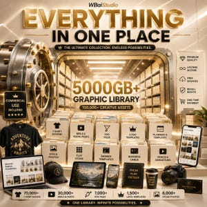 May include: A digital graphic library advertisement featuring a large vault door opening to shelves of files. Text includes 5000GB+ Graphic Library, 150,000+ Creative Assets, and categories like T-Shirt Designs, SVG Files, and Logo Templates. Includes a laptop, smartphone, cap, and camera.