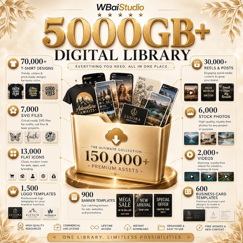 May include: A gold-toned digital folder graphic titled 5000GB+ DIGITAL LIBRARY and 150,000+ PREMIUM ASSETS. The image displays various categories including t-shirt designs, SVG files, flat icons, logo templates, reels, stock photos, and business cards.