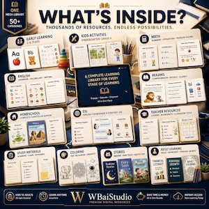 K&ouml;nnte beinhalten: Ein digitales Bildungsressourcen-Paket mit dem Titel WHAT'S INSIDE? mit Kategorien wie Fr&uuml;hf&ouml;rderung, Mathe, Englisch, Lesen, Homeschooling, ESL, Lehrerressourcen, Lernmaterialien, Ausmalbilder, Geschichten und Erwachsenenbildung von WBaiStudio.