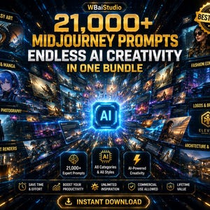 Op de afbeelding: Een digitale productadvertentie met een donkerblauw en goud kleurenschema. De tekst luidt: "21.000+ Midjourney Prompts, Eindeloze AI Creativiteit in E&eacute;n Bundel." Categorie&euml;n zijn onder meer Fantasy Art, Anime & Manga en Fashion Editorial. De afbeelding promoot AI-gestuurde creativiteit.