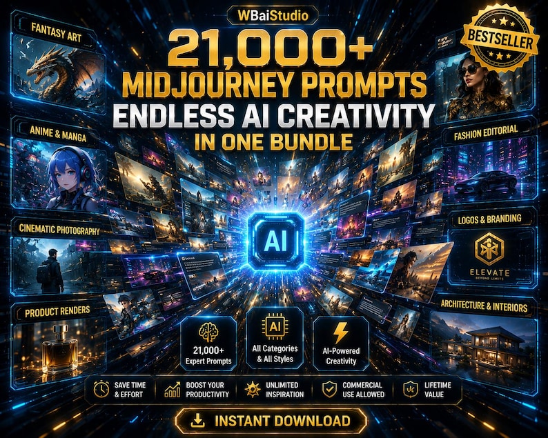 Op de afbeelding: Een digitale productadvertentie met een donkerblauw en goud kleurenschema. De tekst luidt: "21.000+ Midjourney Prompts, Eindeloze AI Creativiteit in E&eacute;n Bundel." Categorie&euml;n zijn onder meer Fantasy Art, Anime & Manga en Fashion Editorial. De afbeelding promoot AI-gestuurde creativiteit.
