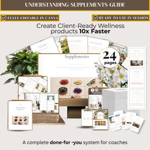 Könnte beinhalten: Ein digitales Wellness-Leitfaden-Vorlagenset mit dem Titel Understanding Supplements Guide mit 24 Seiten. Die Darstellung umfasst einen Laptop, Klemmbretter und Dokumentenlayouts mit Text, weißen Blumenbildern und einer grünen Pflanze, alles in Canva bearbeitbar.