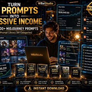 Op de afbeelding: Een digitale marketingafbeelding die AI-prompts voor passief inkomen promoot. De afbeelding toont een man die een laptop gebruikt, met tekst die over de afbeelding staat en luidt: "Verander AI-prompts in passief inkomen" en "21.000+ Midjourney-prompts."