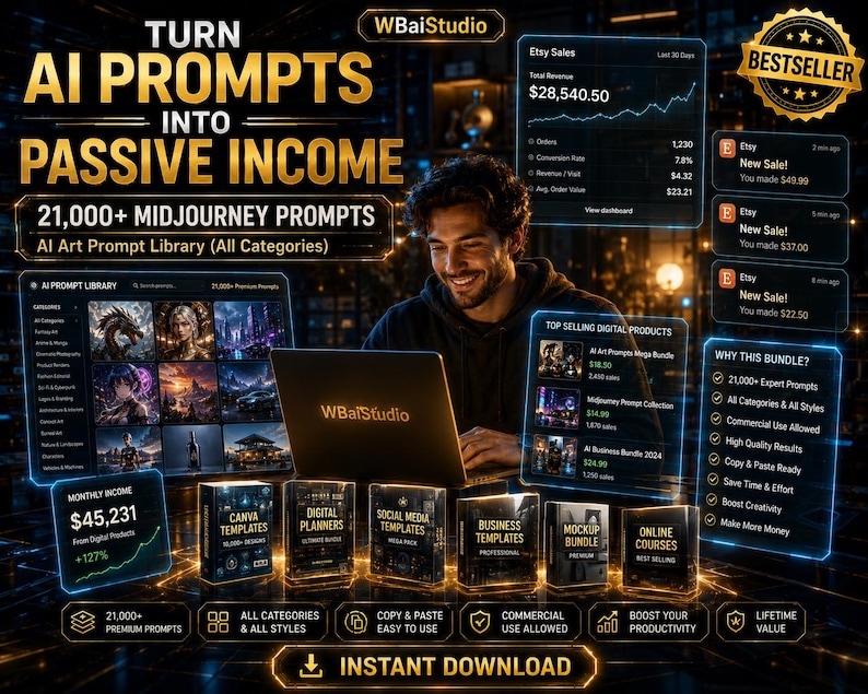 Op de afbeelding: Een digitale marketingafbeelding die AI-prompts voor passief inkomen promoot. De afbeelding toont een man die een laptop gebruikt, met tekst die over de afbeelding staat en luidt: "Verander AI-prompts in passief inkomen" en "21.000+ Midjourney-prompts."