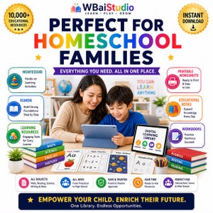 May include: A digital educational resource advertisement featuring the text WBaiStudio, Perfect for Homeschool Families, and Digital Learning Library. The image displays stacks of colorful books labeled Math, Science, English, History, Phonics, Writing, and Reading, alongside printed worksheets, a tablet, and various icons representing learning activities.