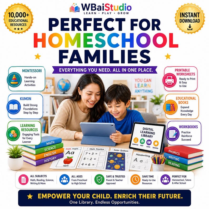 May include: A digital educational resource advertisement featuring the text WBaiStudio, Perfect for Homeschool Families, and Digital Learning Library. The image displays stacks of colorful books labeled Math, Science, English, History, Phonics, Writing, and Reading, alongside printed worksheets, a tablet, and various icons representing learning activities.