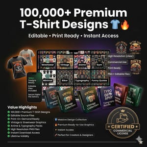 Puede incluir: Una colección digital de más de 100.000 diseños de camisetas premium que incluye categorías como streetwear, vintage, anime y tipografía. La imagen muestra una pantalla de portátil, un teléfono inteligente y varios paquetes con licencia comercial.
