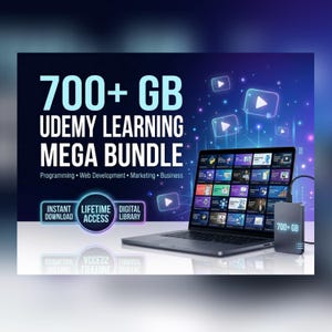 Könnte beinhalten: Werbung für ein Udemy-Lern-Mega-Bundle. Das Bild zeigt einen Laptop mit Kurs-Icons und eine 700+ GB externe Festplatte. Der Text lautet "700+ GB Udemy Learning Mega Bundle" mit Kursen in Programmierung, Webentwicklung, Marketing und Business. Sofortiger Download und lebenslanger Zugriff.