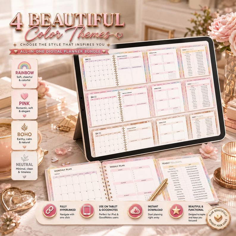 Puede incluir: Un paquete de planificador digital mostrado en una tableta y p&aacute;ginas abiertas, con cuatro temas de color: arco&iacute;ris, rosa, boho y neutro. La interfaz incluye dise&ntilde;os mensuales, semanales y de vacaciones anuales con hiperv&iacute;nculos para iPad.