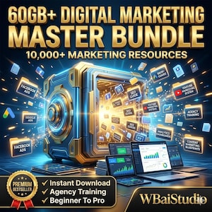 May include: A digital marketing bundle featuring a large blue and gold safe emitting light, surrounded by floating file folders labeled with terms like Facebook Ads, SEO Guide, and Google Ads, with laptops displaying data charts and a gold badge.