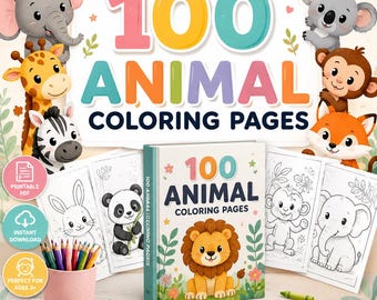 Pacchetto di 100 pagine da colorare di animali / Libro da colorare stampabile per bambini in PDF / Scheda attività per la scuola materna e l'asilo / Stampabile / Download immediato